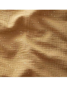 Tessuto doppia garza di cotone con mini pois dorati - Camel