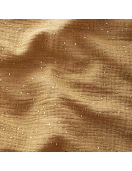 Tessuto doppia garza di cotone con mini pois dorati - Camel
