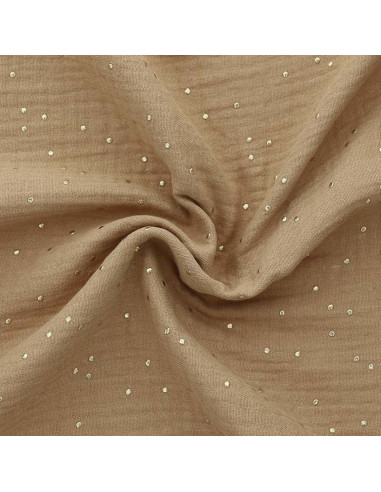 Tessuto doppia garza di cotone con mini pois dorati - Camel