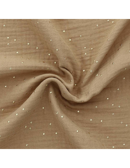 Tessuto doppia garza di cotone con mini pois dorati - Camel