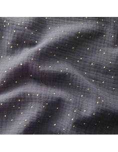 Tessuto doppia garza di cotone con mini pois dorati - Grigio scuro