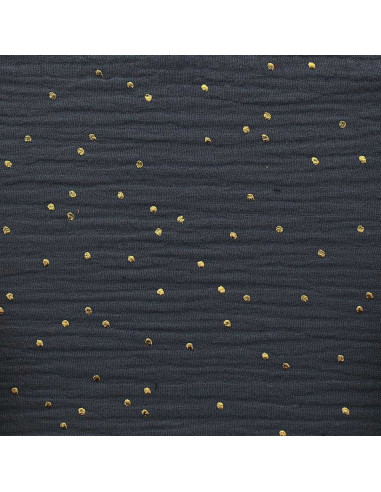 Tessuto doppia garza di cotone con mini pois dorati - Grigio scuro