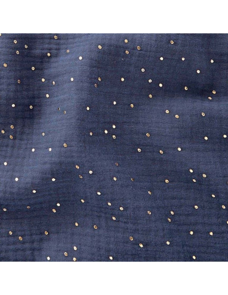Tessuto doppia garza di cotone con mini pois dorati - Indigo
