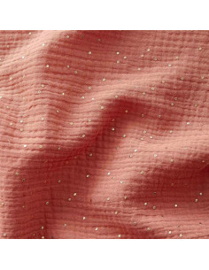 Tessuto doppia garza di cotone mini pois dorati - Marsala