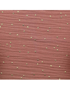Tessuto doppia garza di cotone mini pois dorati - Marsala 2