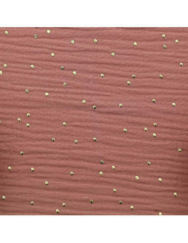 Tessuto doppia garza di cotone mini pois dorati - Marsala