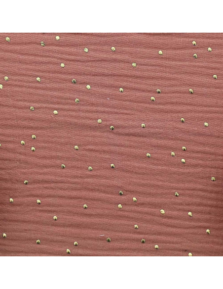 Tessuto doppia garza di cotone mini pois dorati - Marsala
