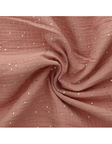 Tessuto doppia garza di cotone mini pois dorati - Marsala