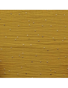 Tessuto doppia garza di cotone con mini pois dorati - Senape 2