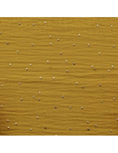 Tessuto doppia garza di cotone con mini pois dorati - Senape