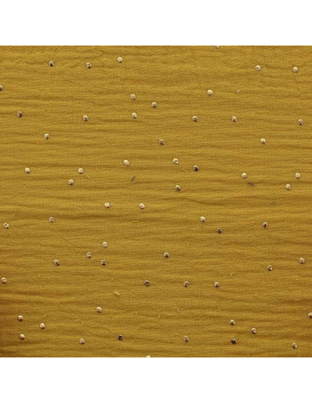 Tessuto doppia garza di cotone con mini pois dorati - Senape