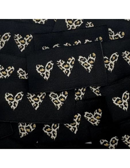 Set di 5 etichette tessute da cucire - 3 cuori leopardati