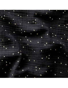 Tessuto doppia garza di cotone con mini pois dorati - Nero