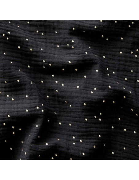 Tessuto doppia garza di cotone con mini pois dorati - Nero