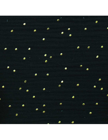 Tessuto doppia garza di cotone con mini pois dorati - Nero