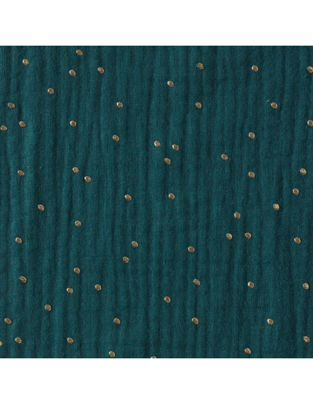 Tessuto doppia garza di cotone con mini pois dorati - Pavone