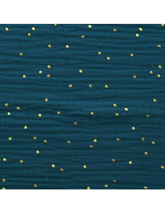Tessuto doppia garza di cotone con mini pois dorati - Pavone 2