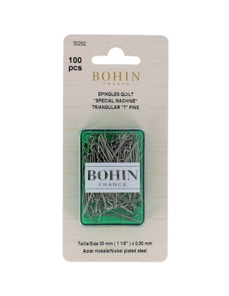 Scatola di 100 spilli con testa triangolare speciali per quilt a macchina Bohin