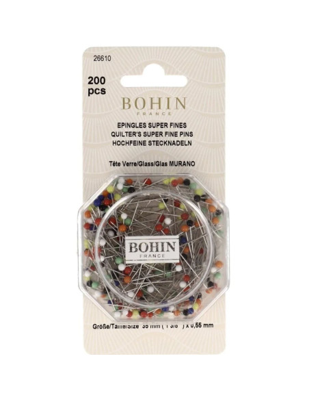 Scatola di 200 spilli super-fini con testa di vetro per quilting Bohin