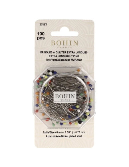 Scatola di 100 spilli con testa di vetro extra-lunghi assortiti Bohin