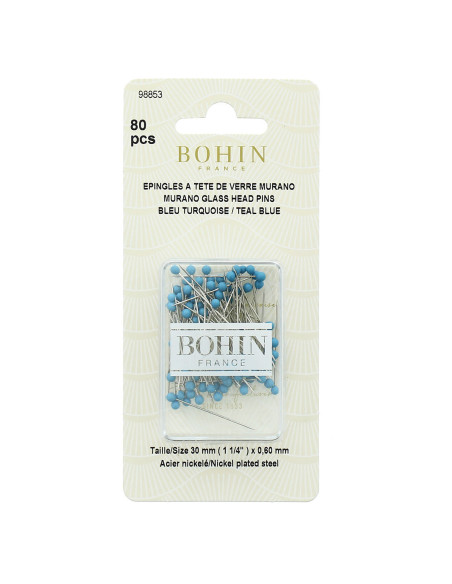 Scatola di 80 spilli extra-fini con testa in vetro di Murano blu turchese Bohin