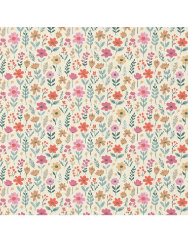Tissu coton déperlant - Maddy écru et rose