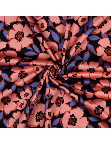 Tissu coton effet satiné - Fleurs saumon