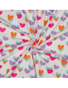 Tissu jersey imprimé - Coeurs néon fond blanc
