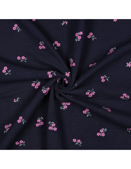 Tissu double gaze de coton brodé fleurs - Bleu marine