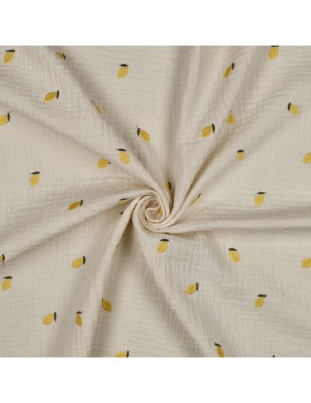 Tissu double gaze de coton brodé citrons - Naturel