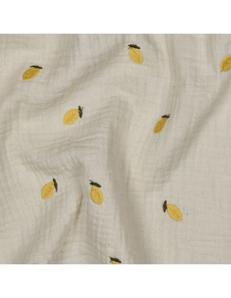 Tissu double gaze de coton brodé citrons - Naturel
