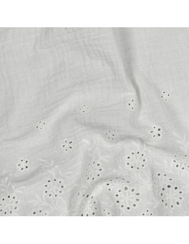 Tissu double gaze broderie anglaise festonnée - Blanc