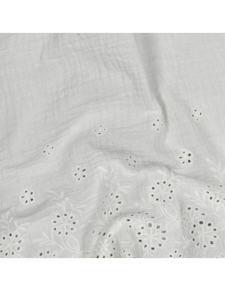 Tissu double gaze broderie anglaise festonnée - Blanc