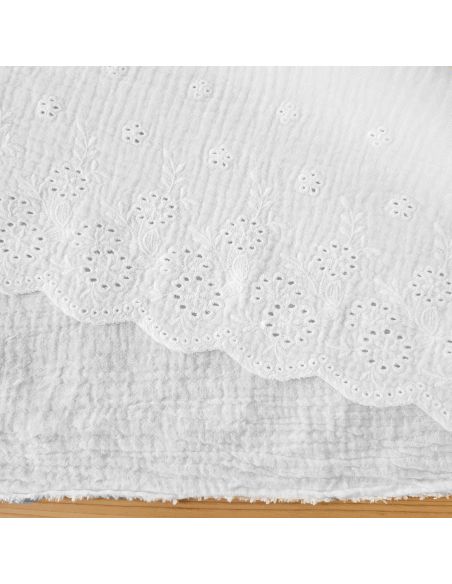 Tissu double gaze broderie anglaise festonnée - Blanc