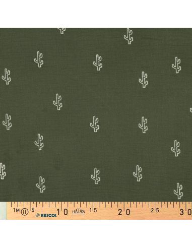 Tissu double gaze de coton brodé cactus - Kaki