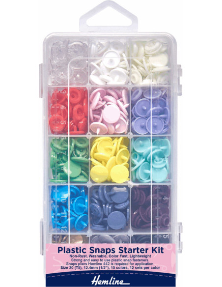 Scatola di plastica contenente 180 bottoni a pressione compatibili KAM