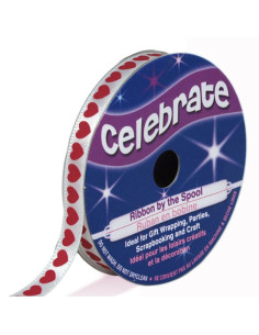 Nastro di raso Celebrate bianco con cuori fucsia stampati - 6 mm x 4 metri