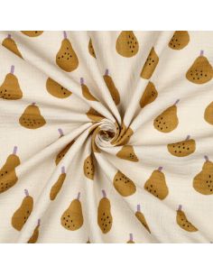 Tissu double gaze imprimé Jennifer Bouron - Poires ocre sur fond naurel