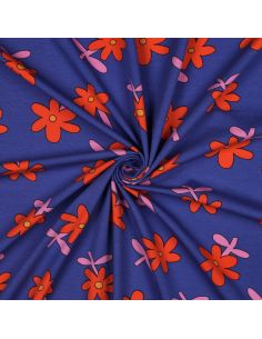 Tissu jersey imprimé Jennifer Bouron - Fleurs rouge sur fond bleu