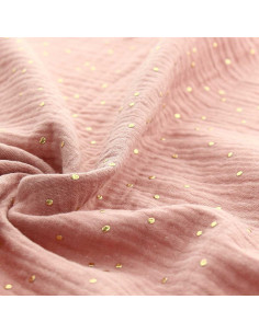 Tessuto doppia garza di cotone con mini pois dorati - Rosa tè