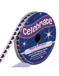 Nastro di raso Celebrate bianco con cuori viola stampati - 6 mm x 4 metri