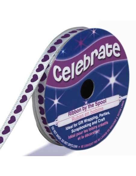 Nastro di raso Celebrate bianco con cuori viola stampati - 6 mm x 4 metri