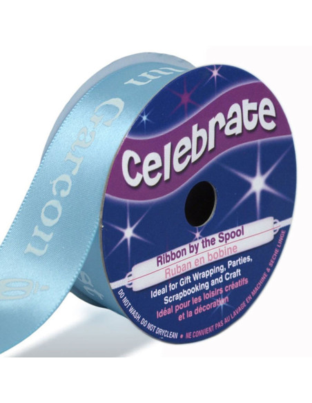 Nastro di raso Celebrate azzurro stampato con motivo bambino - 25 mm x 3 metri