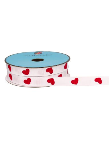 Ruban gros grain blanc - Coeurs rouges