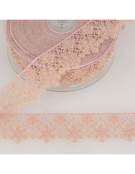 Pizzo fiori lurex - Rosa e beige
