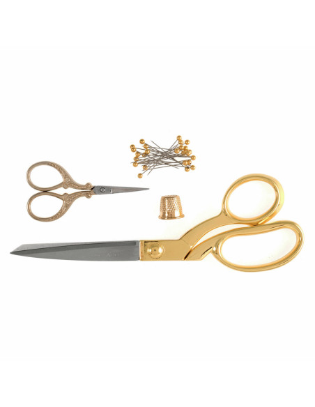 Set di forbici da cucito e da ricamo, ditale e spilli - Oro