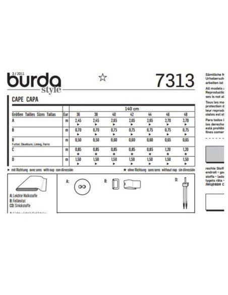 Modello di mantello - Burda 7313