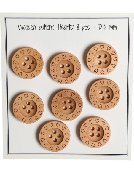 Confezione di 8 bottoni in legno a forma di cuore 18 mm