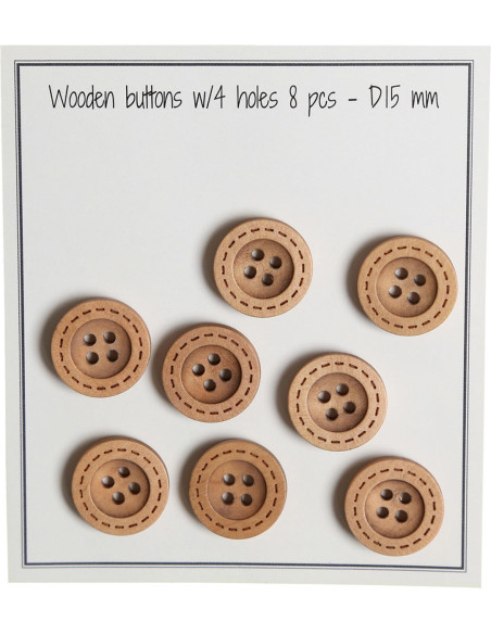 Confezione di 8 bottoni in legno con scanalature rotonde da 15 mm.