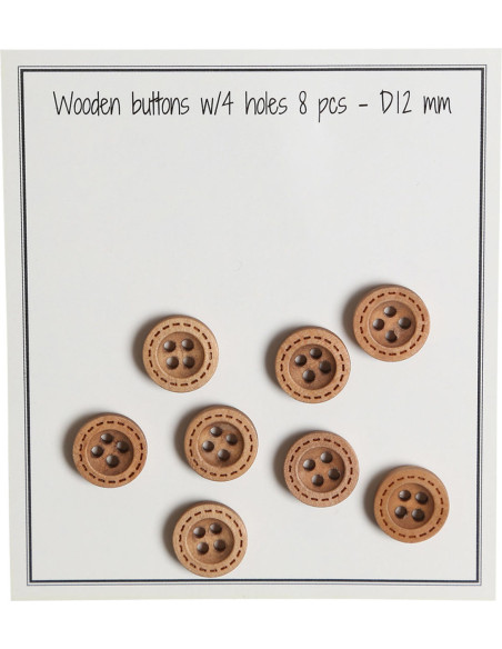 Confezione di 8 bottoni in legno con scanalature rotonde da 12 mm.